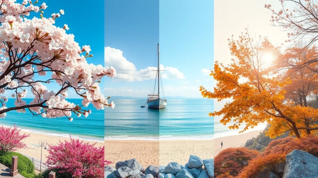 Tavaszi cseresznyevirág, nyári tengerpart és őszi lombok Fukuokában