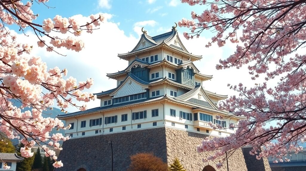 Kumamoto várkastély virágzó cseresznye alatt