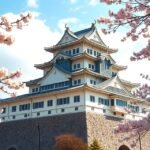 Kumamoto várkastély virágzó cseresznye alatt