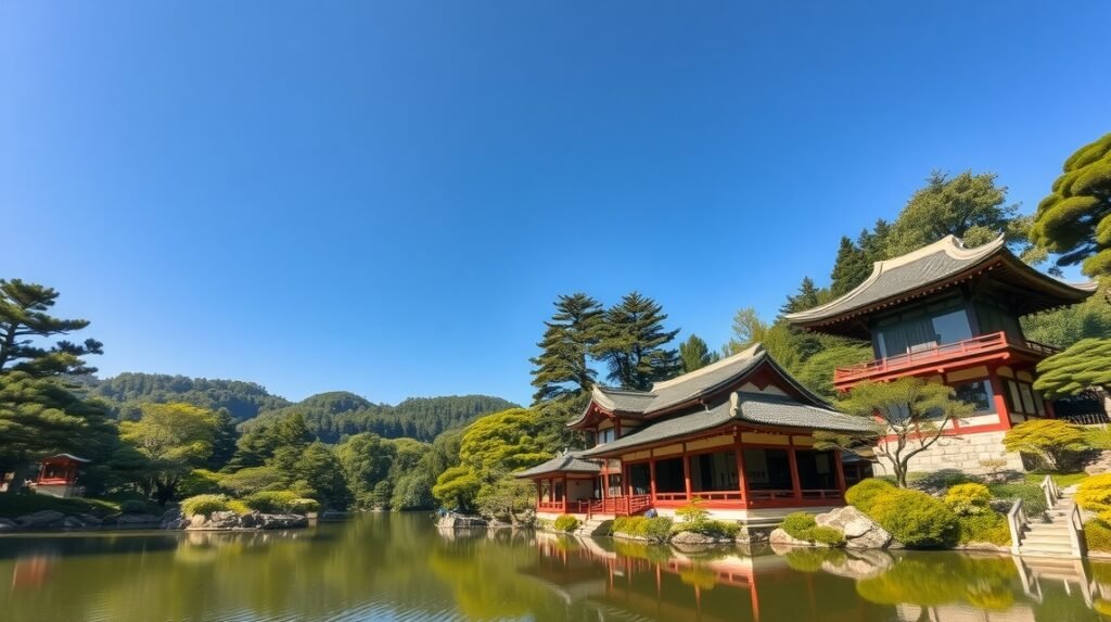 Suizenji Jojuen japán kert Kumamotoban, tóval és tradicionális teaházakkal.