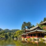 Suizenji Jojuen japán kert Kumamotoban, tóval és tradicionális teaházakkal.