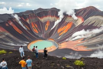 Aso-hegyi vulkánkráter Kumamoto körpanorámájával és túrázókkal.