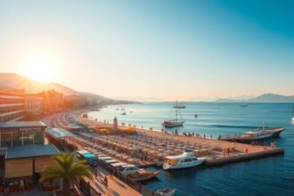 Gyönyörű látkép Antalya tengerpartjáról naplementekor