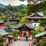 Kato szentély környezete zöldellő fákkal és tradicionális építészettel.