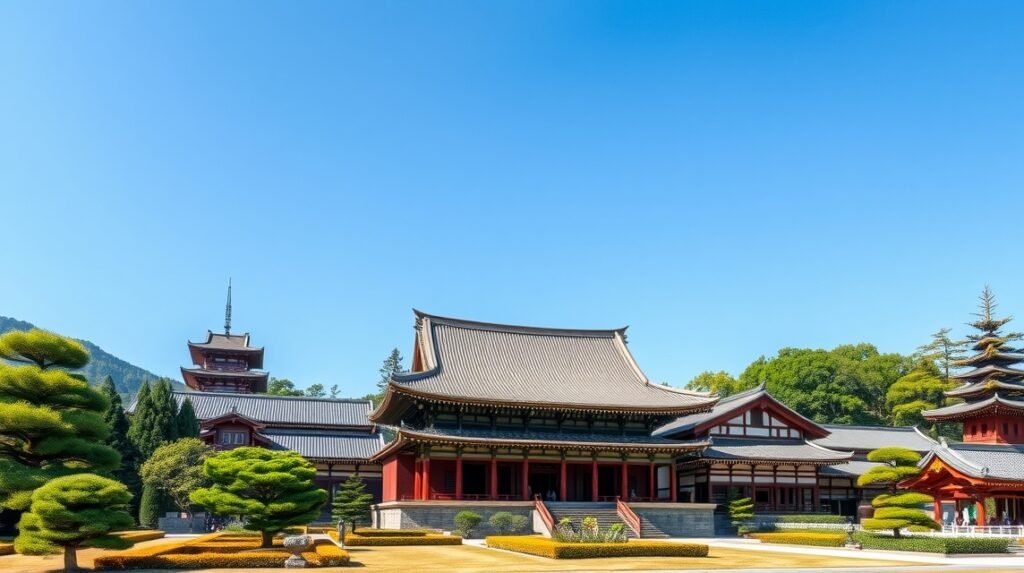 Honmyo-ji templom Kumamoto városában, csendes kerttel és pagodákkal