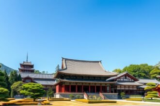 Honmyo-ji templom Kumamoto városában, csendes kerttel és pagodákkal