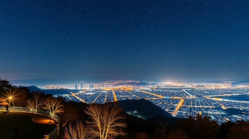 Kumamoto város éjszakai kilátás a Hanaokayama parkból