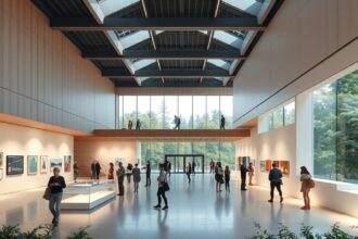 A Kumamoto Kortárs Művészeti Múzeum modern belső tere látogatókkal.