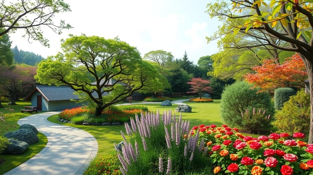 Kumamoto, Tatsuda Természeti Park festői tája zöld fákkal és virágokkal