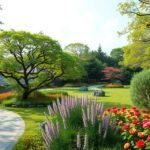 Kumamoto, Tatsuda Természeti Park festői tája zöld fákkal és virágokkal