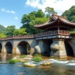 Tsujunkyo kőhíd Kumamoto festői környezetben, japán tájjal.