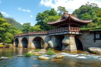 Tsujunkyo kőhíd Kumamoto festői környezetben, japán tájjal.