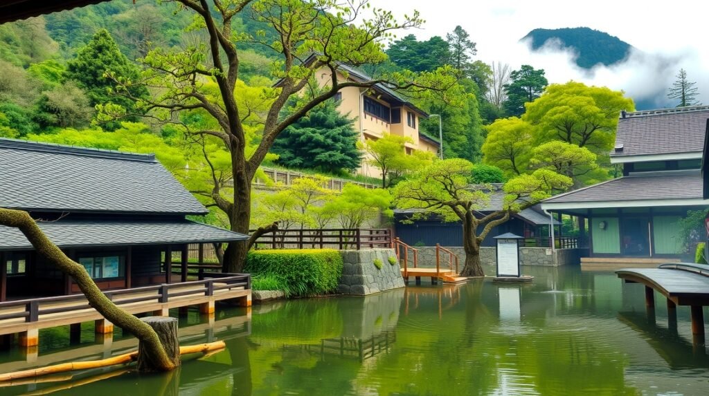 Kurokawa Onsen vidéki táj és termálfürdők Kumamotóban