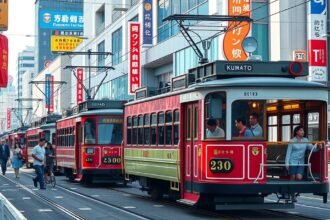 Kumamoto városi villamosok belvárosi környezetben