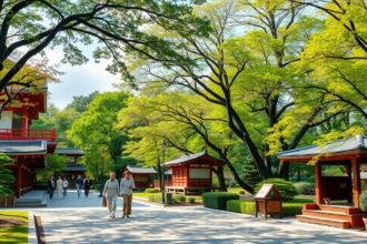 Séta a Dogo Parkban, Macujama gyönyörű fáival és házaival.