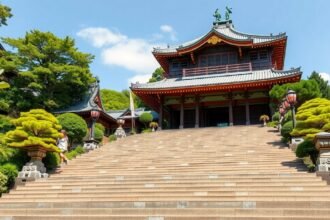 Isaniwa szentély a lépcsők tetején Japánban, zöld fák között