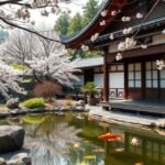 Tavaszi látvány a Shiki Emlékmúzeumban, virágzó cseresznyefák és tó.