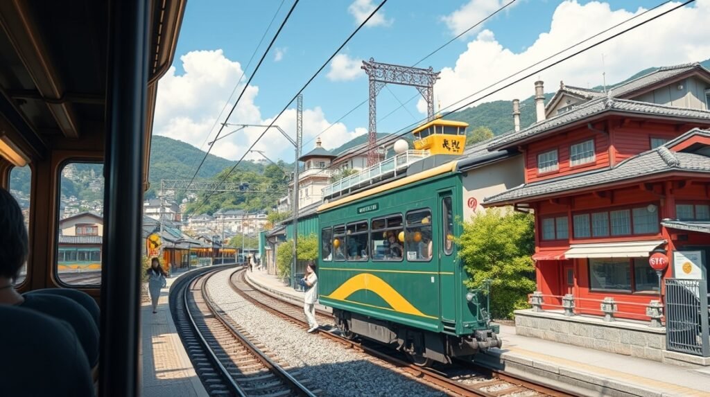 Nosztalgikus Botchan vonat Matsuyamában, japán tájjal és épületekkel.