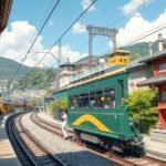 Nosztalgikus Botchan vonat Matsuyamában, japán tájjal és épületekkel.