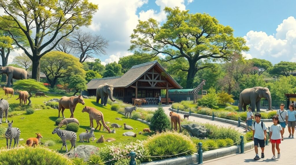 Látkép a Tobe Állatkertben, egzotikus állatok és gyönyörű zöld terület