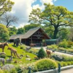 Látkép a Tobe Állatkertben, egzotikus állatok és gyönyörű zöld terület