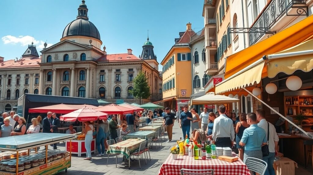 Belgrádi étterem és kávézó a napsütésben, emberek tömegével.