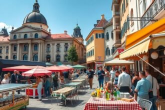 Belgrádi étterem és kávézó a napsütésben, emberek tömegével.