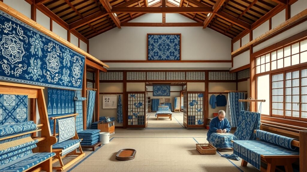 Iyo Kasuri Kaikan textilmúzeum belső tere, élő bemutatóval