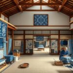 Iyo Kasuri Kaikan textilmúzeum belső tere, élő bemutatóval