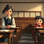 Animált jelenet a pedagógusi és tanulmányi életről japán iskolában.