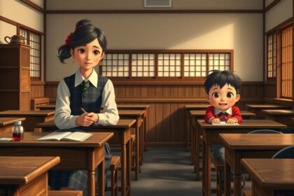 Animált jelenet a pedagógusi és tanulmányi életről japán iskolában.