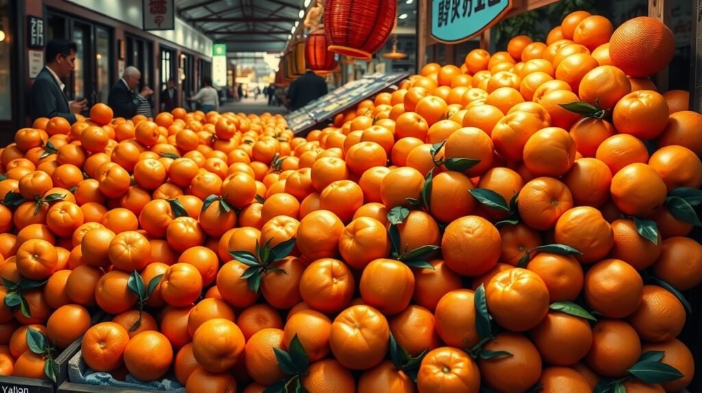 Friss mikan (mandarin) gyümölcsök halmaza egy piacon