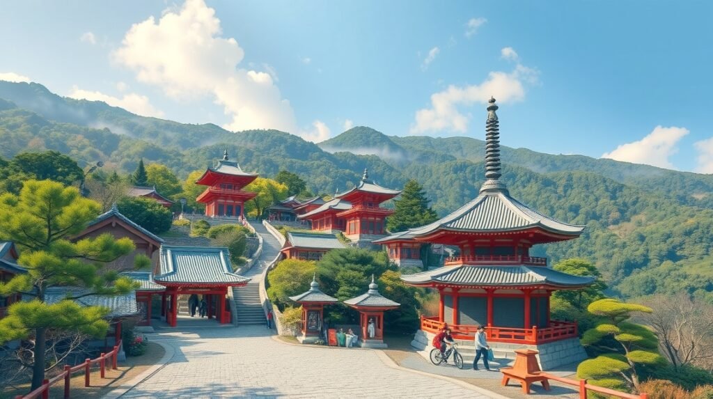 A Shikoku zarándoklat templomai csendes hegyi tájban.