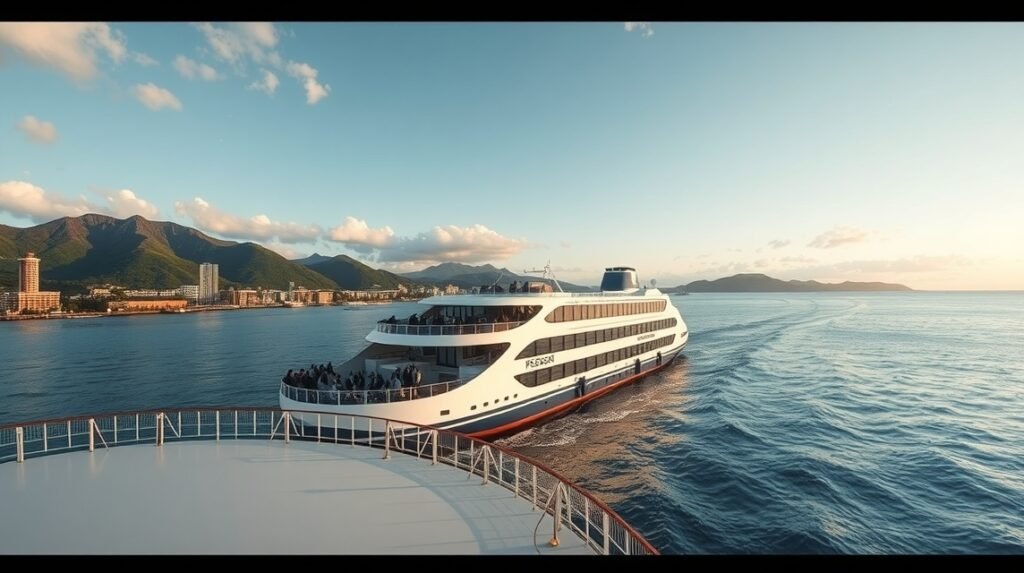 Komphajó Macujama és Hirosima között a tenger fölött.