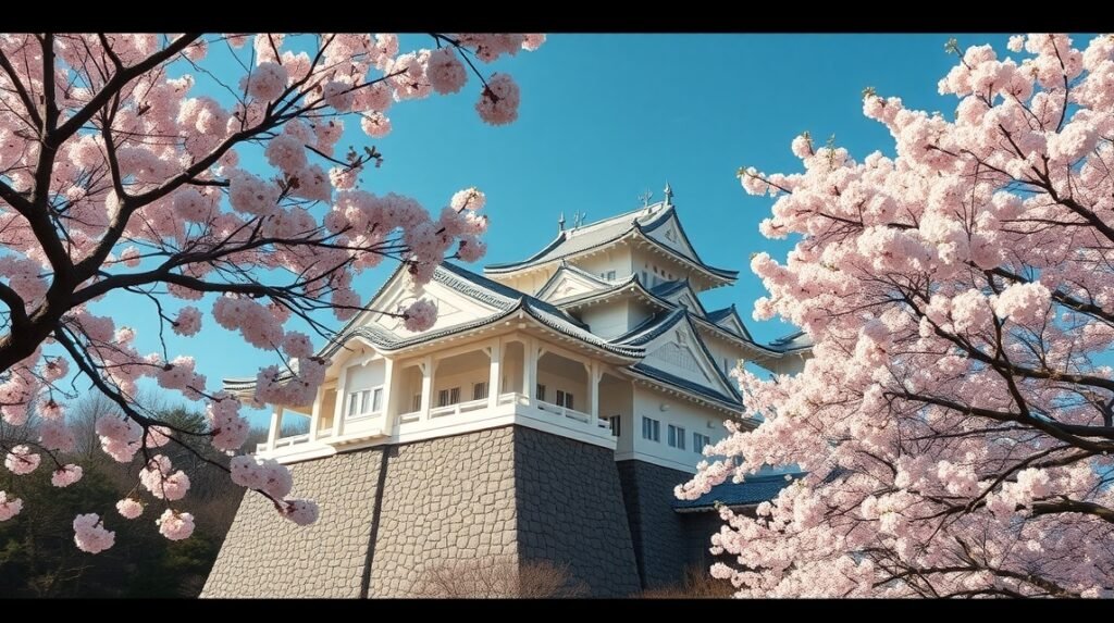 A Tsuruga várkastély Aizu-Wakamatsuban, cseresznyevirágok között.