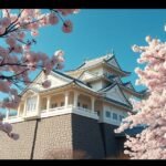 A Tsuruga várkastély Aizu-Wakamatsuban, cseresznyevirágok között.