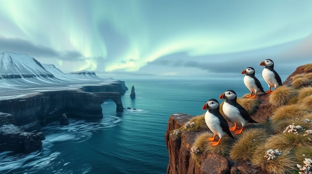 Lundák a sarki fény alatt Izlandon, csodás tájjal