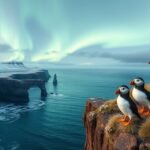 Lundák a sarki fény alatt Izlandon, csodás tájjal