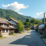 Ouchi-juku, Fukushima történelmi postaállomás fákkal és nádtetős házakkal