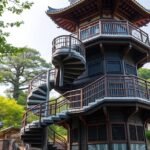 A Sazaedo csigalépcsős fatemplom Fukusimában, Japánban.