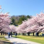 Fukusima tavaszi virágzás a Hanamiyama parkban cseresznyefákkal