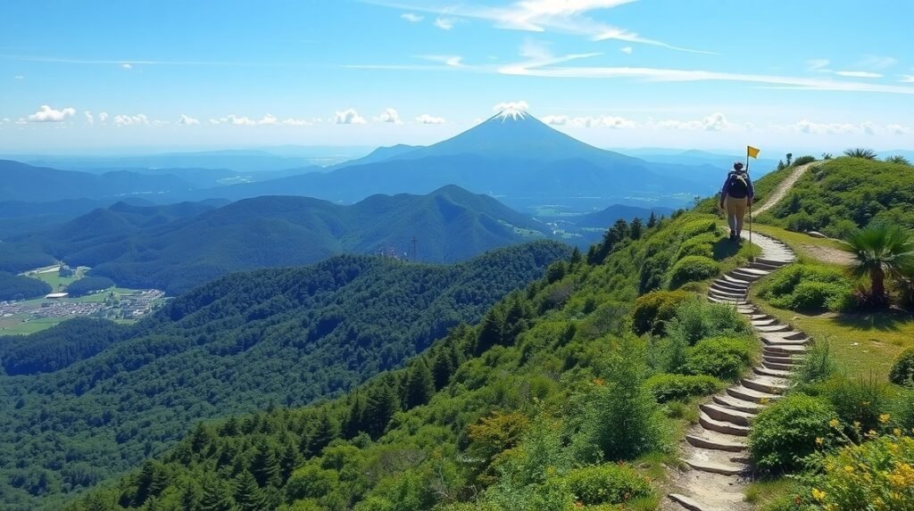 Túrázó a Bandai-hegyen, háttérben a lélegzetelállító táj