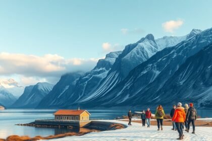 Utazók sétálnak a Norvég fjordok mellett havas tájban