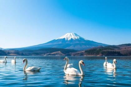 Inawashiro-tó hattyúk Bandai-hegy háttérrel Japánban