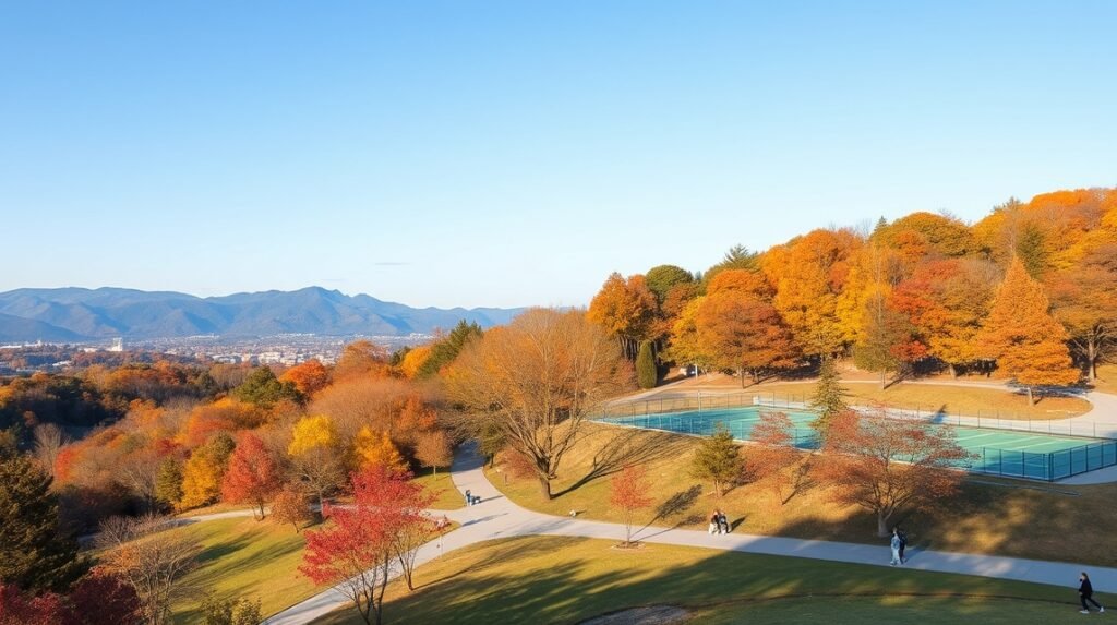 Fukushima Azuma Sportpark őszi táj hegyekkel és modern sportpályával.