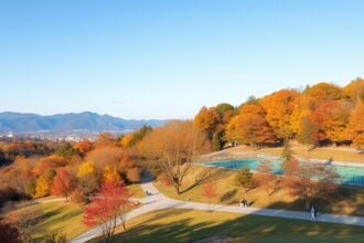 Fukushima Azuma Sportpark őszi táj hegyekkel és modern sportpályával.