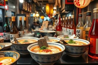 Kitakata ramen tálak és helyi szaké Fukusima városában