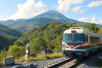 Vonat a Fukusima hegyvidékén egy gyönyörű tájban.