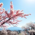 Cseresznyevirágzás a Fukushima régióban, Japánban, tiszta kék égen.