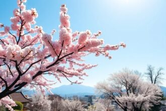 Cseresznyevirágzás a Fukushima régióban, Japánban, tiszta kék égen.